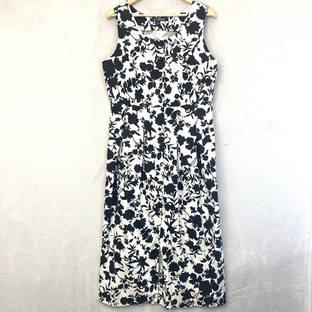 JG Hook Button Front Maxi Dress‎ Womens 14 Blue White Floral Print Modest Lunch